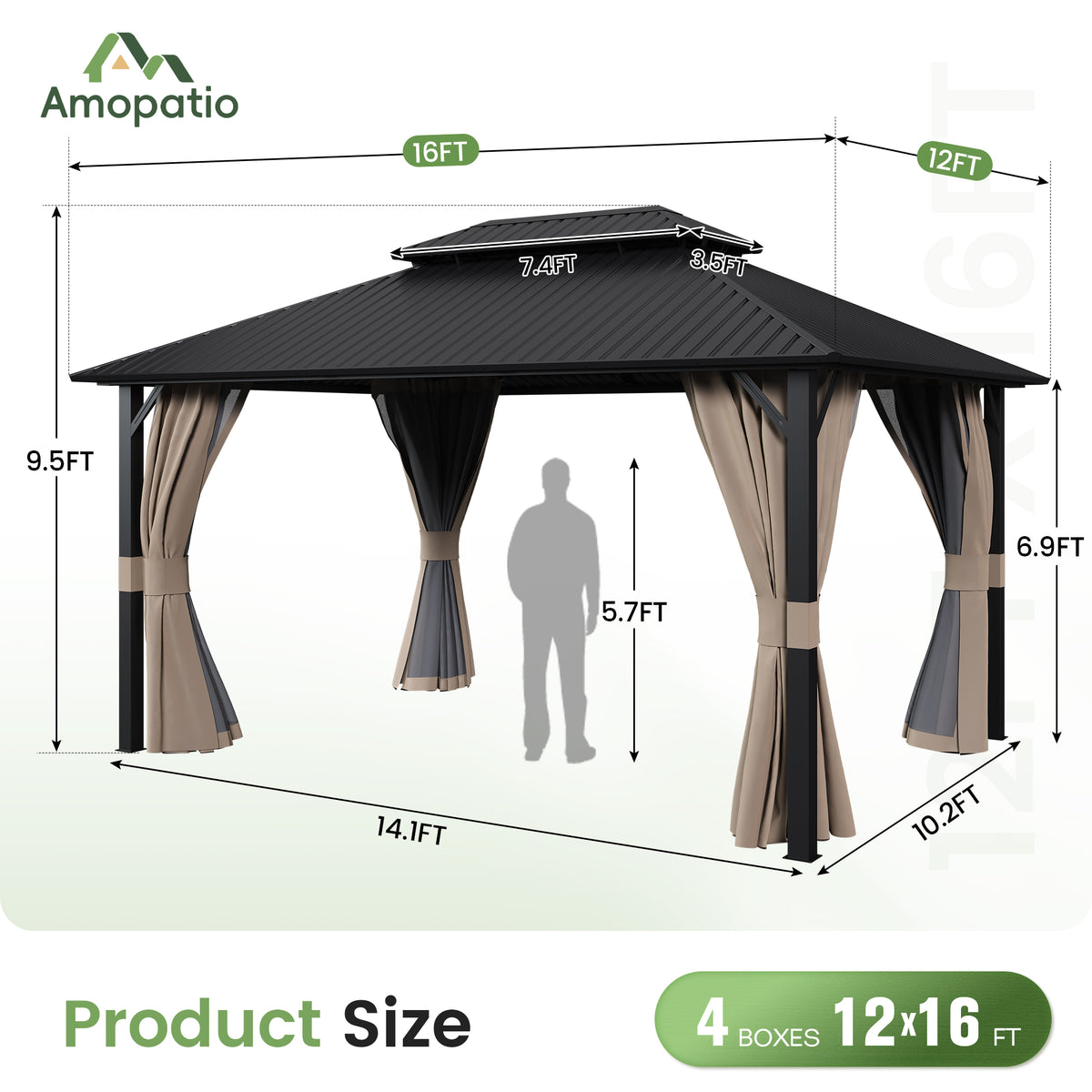 Amopatio 12x16FT Hardtop Gazebo, Metal Galvanized Steel Double Roof