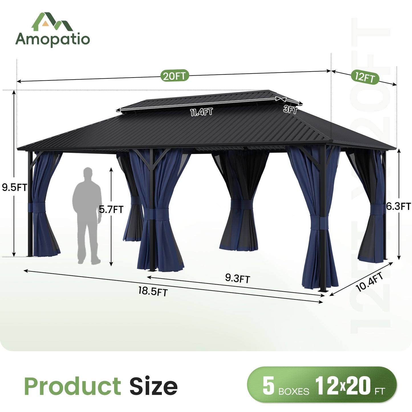 Amopatio 12x20FT Hardtop Gazebo, Metal Galvanized Steel Double Roof, Blue