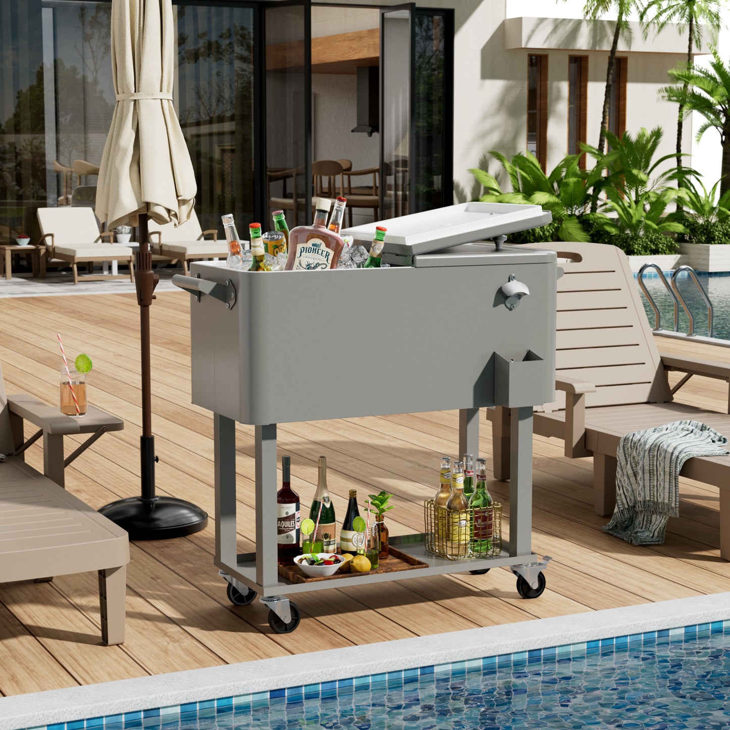 80 Quart Rolling Ice Chest Cooler Cart with Shelf, Heavy Duty Insulated Cooler Box on Wheels with Drain Plug, Weather Resistant Outdoor Party BBQ Drink Cart