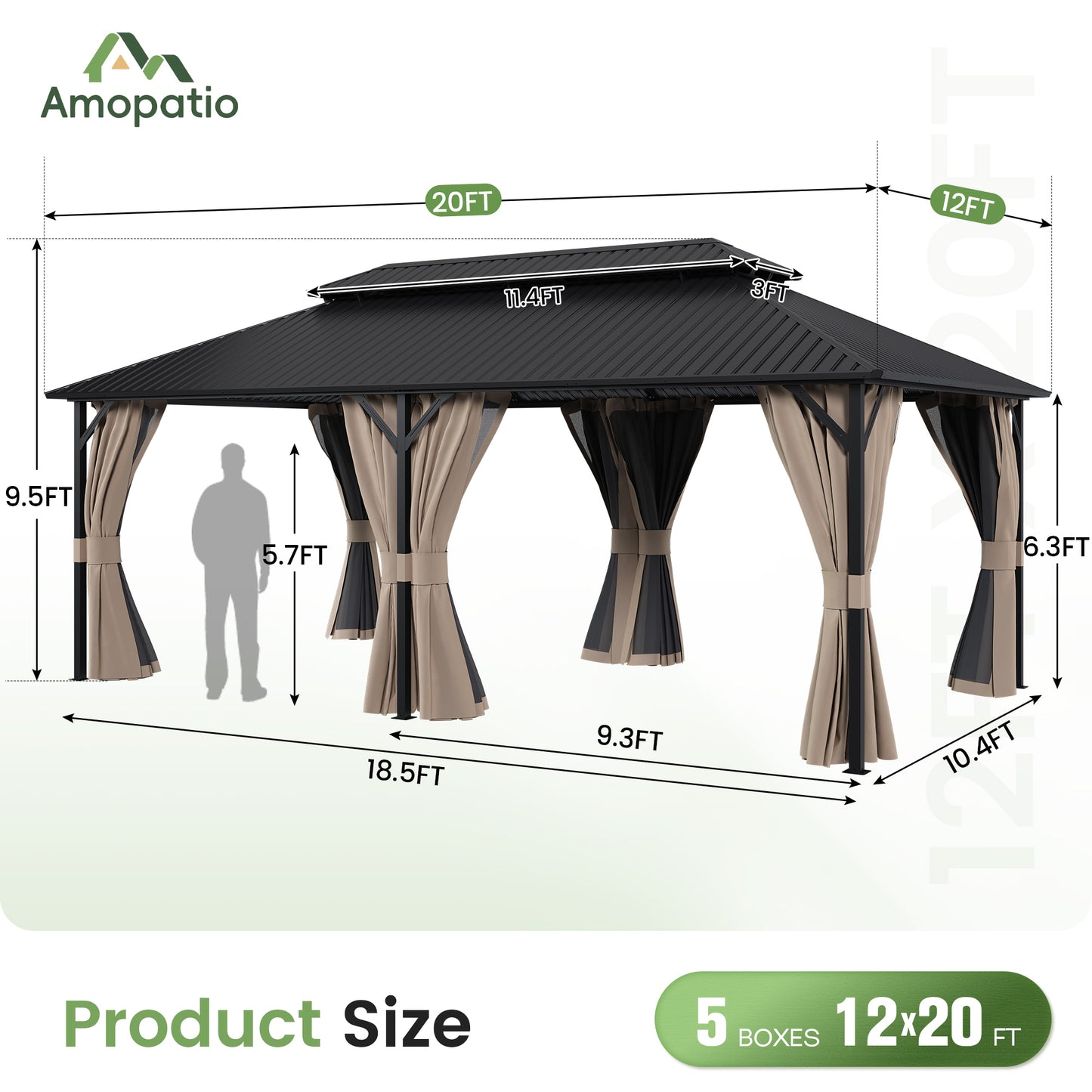 Amopatio 12x20FT Hardtop Gazebo, Metal Galvanized Steel Double Roof, Beige
