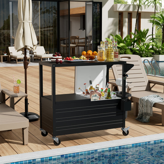 80QT Rolling Ice Chest with Tabletop, Insulated Cooler Cart with Wheels, Outdoor Kitchen Prep Station & Drink Cooler for Patio, BBQ, Camping, Black