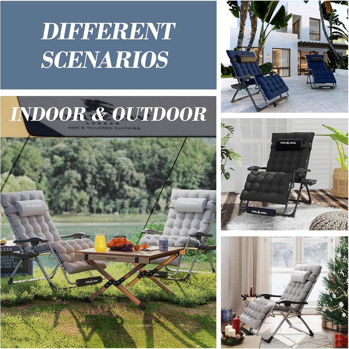 Amopatio Oversized Zero Gravity Chair with Cushion, XL Folding Outdoor Lounge Reclining Patio Chair with Tray/Footrest/Headrest for Camping Sunbathing Relaxing