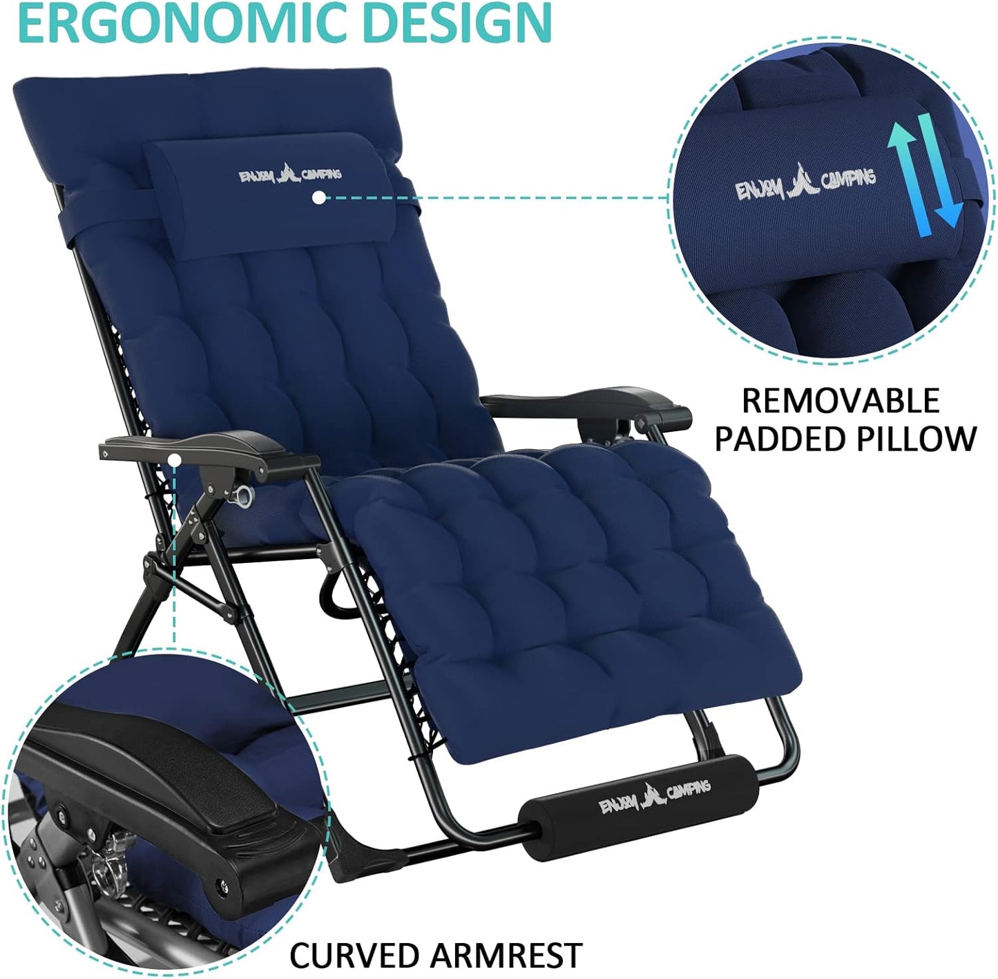 Amopatio Oversized Zero Gravity Chair with Cushion for Indoor & Outdoor, XXL 33Inch Patio Folding Reclining Lounge Chair with Tray/Footrest/Headrest