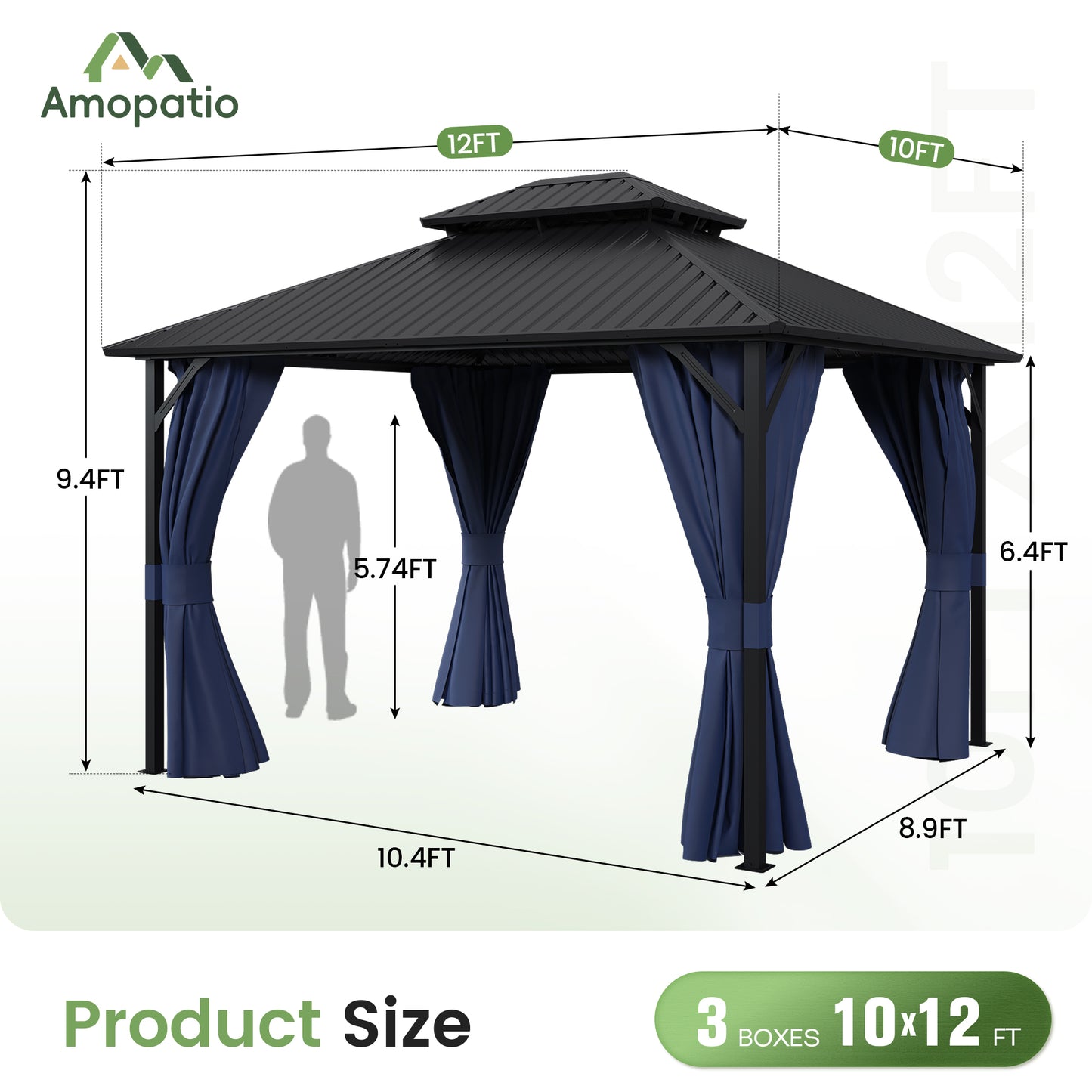 Amopatio 10x12FT Hardtop Gazebo, Metal Galvanized Steel Double Roof, Blue