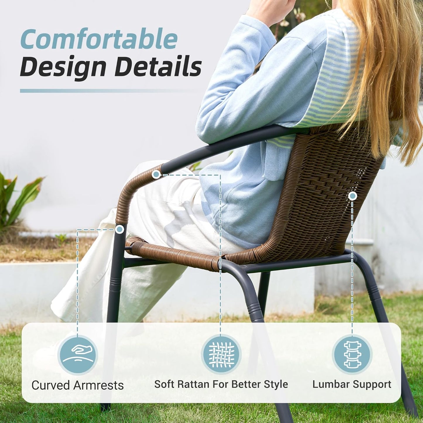 Amopatio Outdoor Dining Chairs Set of 4, Stackable Outdoor Patio Chairs, Rattan Wicker Patio Chairs Set of 4, for Porch, Deck, Garden, Poolside, Yard, Bistro, Restaurant, Brown