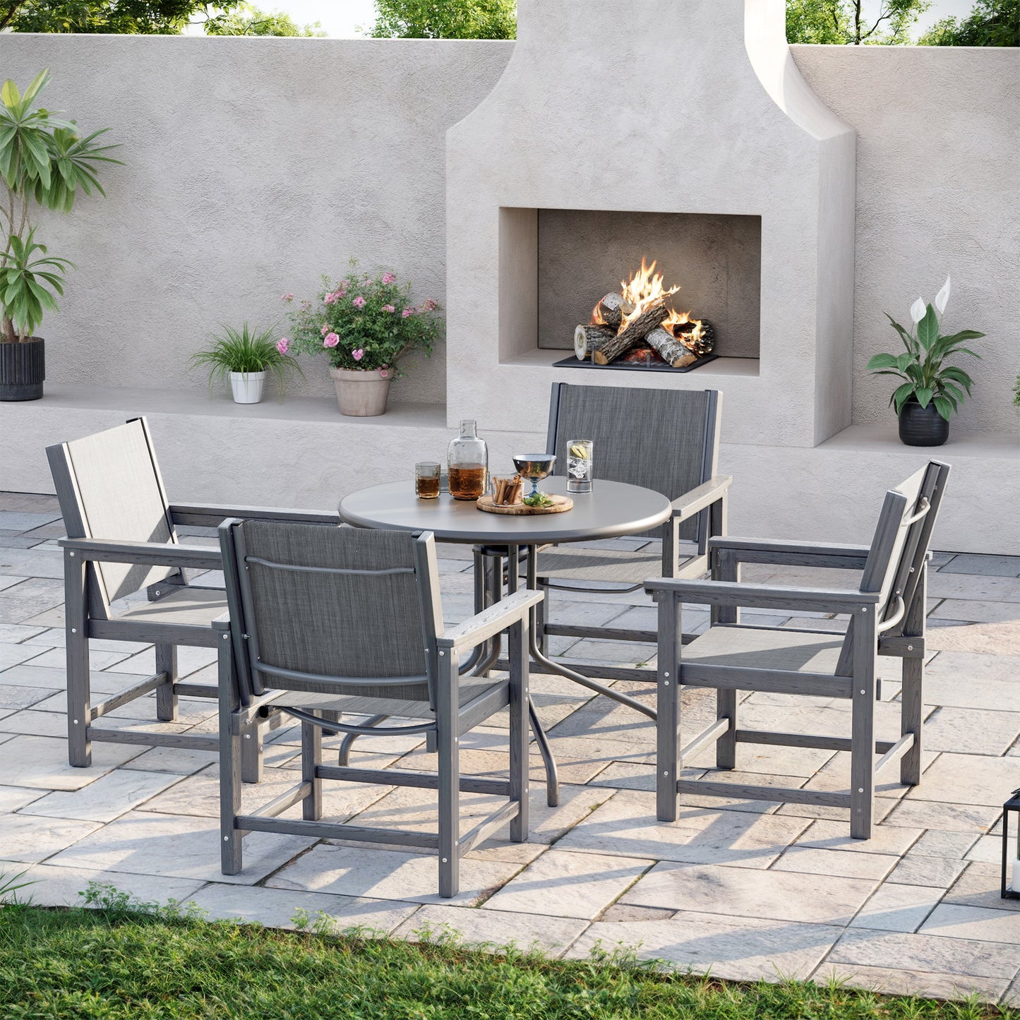 Amopatio Outdoor HDPE Dining Chairs Set of 4 All-Weather Patio Chairs with Textilene Backrest Heavy Duty for Porch Backyard Deck Lawn Garden, Gray