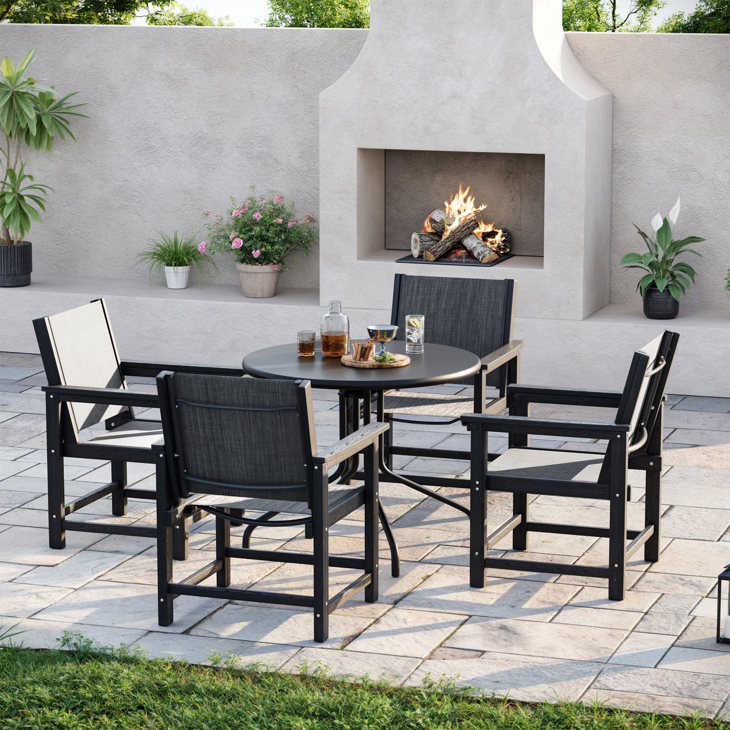 Amopatio Outdoor HDPE Dining Chairs Set of 4 All-Weather Patio Chairs with Textilene Backrest Heavy Duty for Porch Backyard Deck Lawn Garden, Black