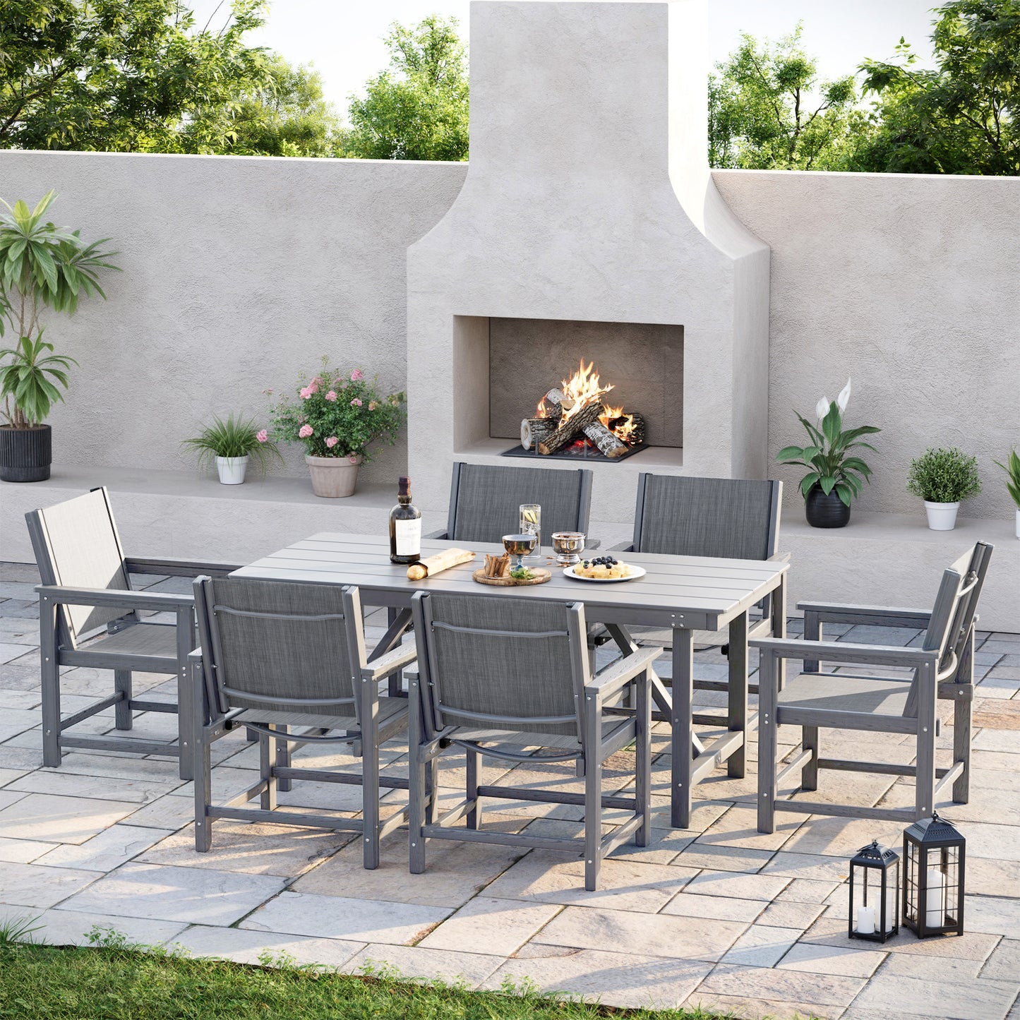Amopatio Outdoor HDPE Dining Chairs Set of 6 All-Weather Patio Chairs with Textilene Backrest Heavy Duty for Porch Backyard Deck Lawn Garden, Gray