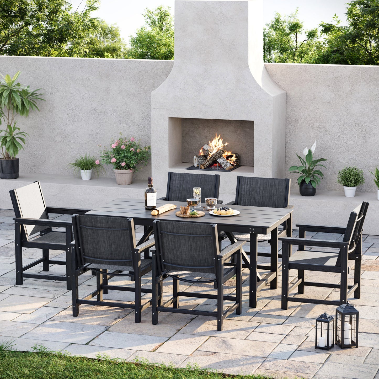 Amopatio Outdoor HDPE Dining Chairs Set of 6 All-Weather Patio Chairs with Textilene Backrest Heavy Duty for Porch Backyard Deck Lawn Garden, Black