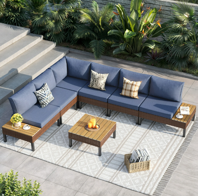 ELPOSUN 7-Piece Modular Outdoor Sofa Set - Water-resistant Patio Sectional with Side Tables (Navy)