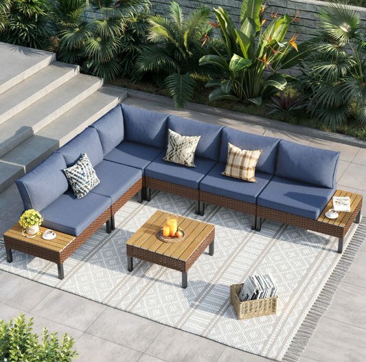 ELPOSUN 7-Piece Modular Outdoor Sofa Set - Water-resistant Patio Sectional with Side Tables (Navy)