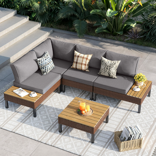 ELPOSUN 5-Piece Modular Outdoor Sofa Set - Water-resistant Patio Sectional with Side Tables (Grey)