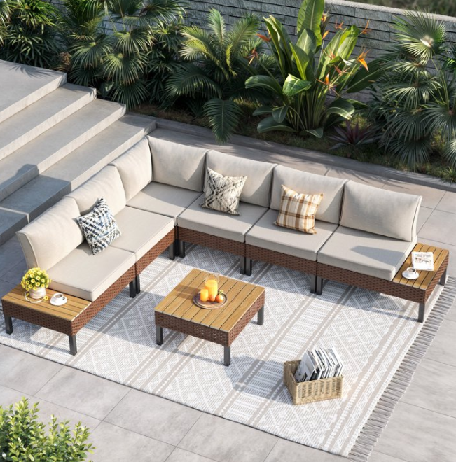 ELPOSUN 7-Piece Modular Outdoor Sofa Set - Water-resistant Patio Sectional with Side Tables (Beige Grey)