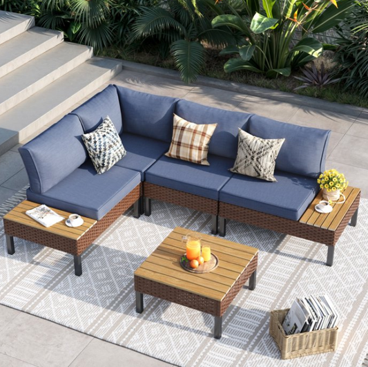 ELPOSUN 5-Piece Modular Outdoor Sofa Set - Water-resistant Patio Sectional with Side Tables (Navy)