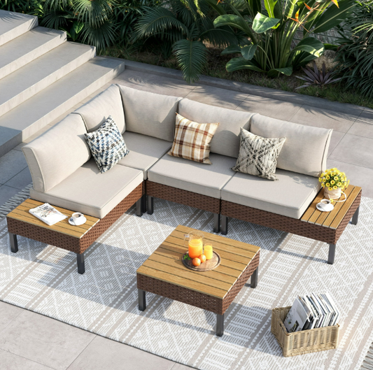 ELPOSUN 5-Piece Modular Outdoor Sofa Set - Water-resistant Patio Sectional with Side Tables (Beige Grey)