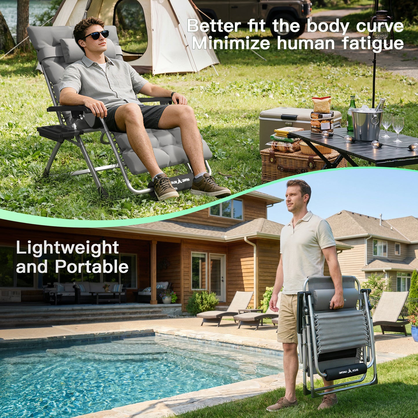 Amopatio Oversized Zero Gravity Chair, 29in Reclining Camping Lounge Chair Upgraded Lock and Footrest, Cup Holder, Removable Cushion & Headrest Folding Patio Recliner for Indoor Outdoor