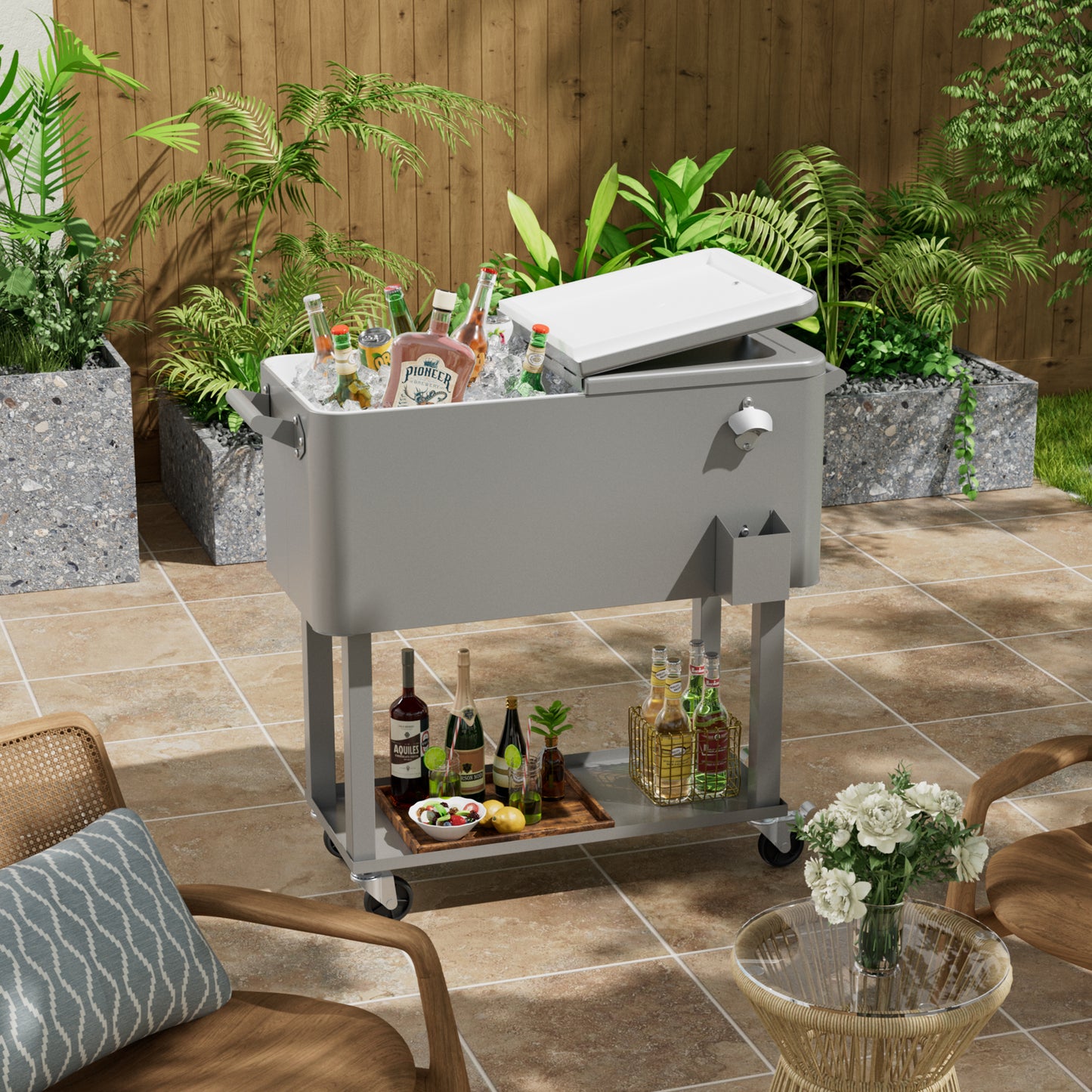 80 Quart Rolling Ice Chest Cooler Cart with Shelf, Heavy Duty Insulated Cooler Box on Wheels with Drain Plug, Weather Resistant Outdoor Party BBQ Drink Cart