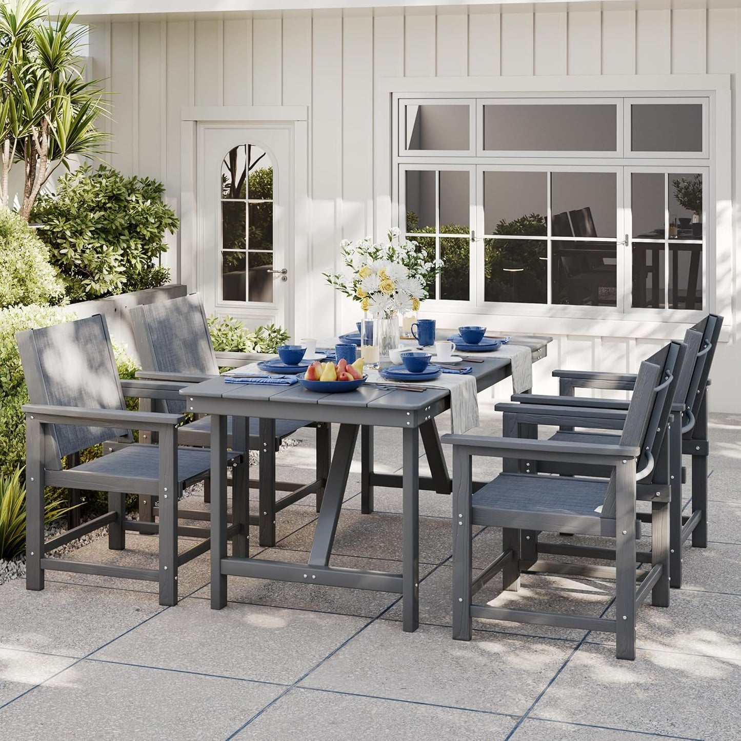5 Piece HDPE Patio Dining Set, All-Weather Outdoor Table and Chair Sets with Umbrella Hole Outdoor Dining Table Sets of 4 Textilene Fabric Patio Chairs for Backyard, Poolside, Garden, Deck(Gray)