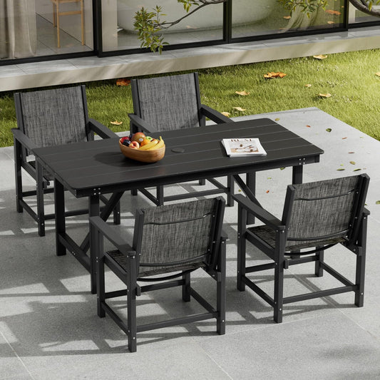 5 Piece HDPE Patio Dining Set, All-Weather Outdoor Table and Chair Sets with Umbrella Hole Outdoor Dining Table Sets of 4 Textilene Fabric Patio Chairs for Backyard, Poolside, Garden, Deck(Black)