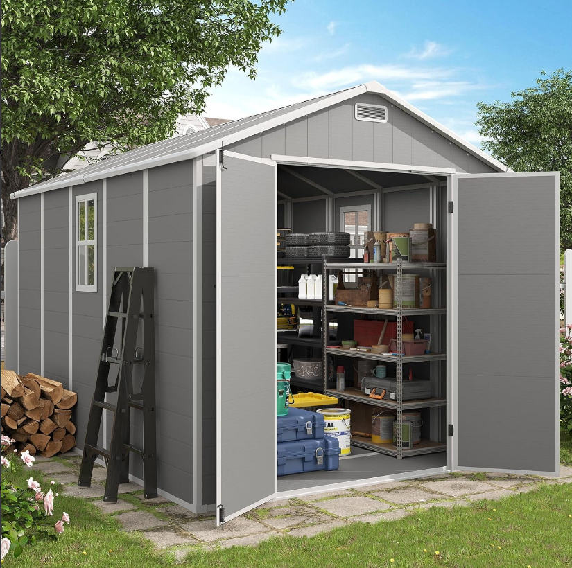 ELPOSUN Storage Shed 8 x 10 FT, Resin Outdoor Garden Sheds with Floor Plastic Patio Outdoor Storage with Lockable Door for Tool, Bike,Grey & White