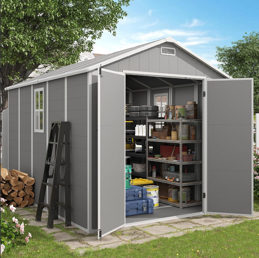 ELPOSUN Storage Shed 8 x 10 FT, Resin Outdoor Garden Sheds with Floor Plastic Patio Outdoor Storage with Lockable Door for Tool, Bike,Grey & White