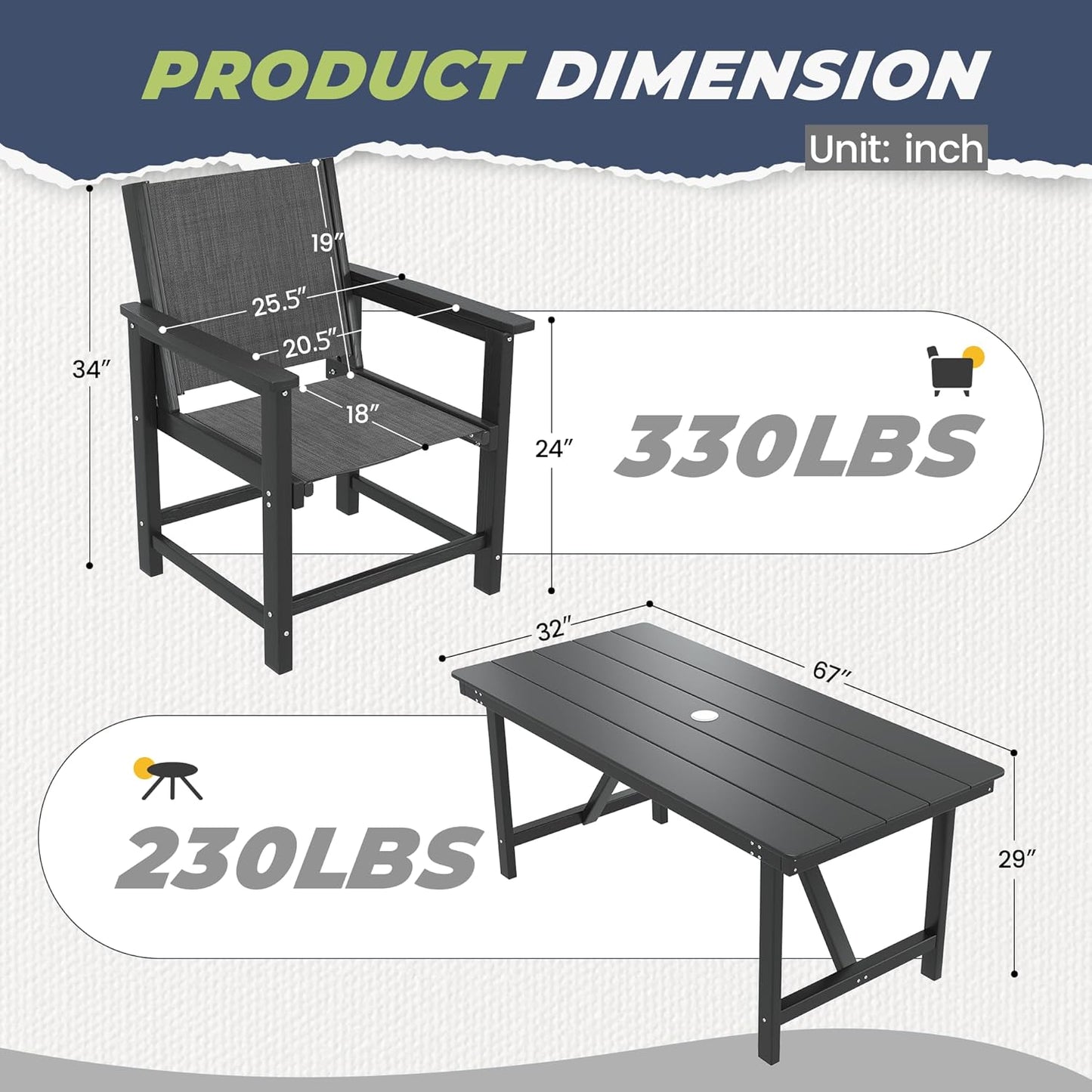 7 Piece HDPE Patio Dining Set, All-Weather Outdoor Table and Chair Sets with Umbrella Hole Outdoor Dining Table Sets of 6 Textilene Fabric Patio Chairs for Backyard, Poolside, Garden, Deck(Black)