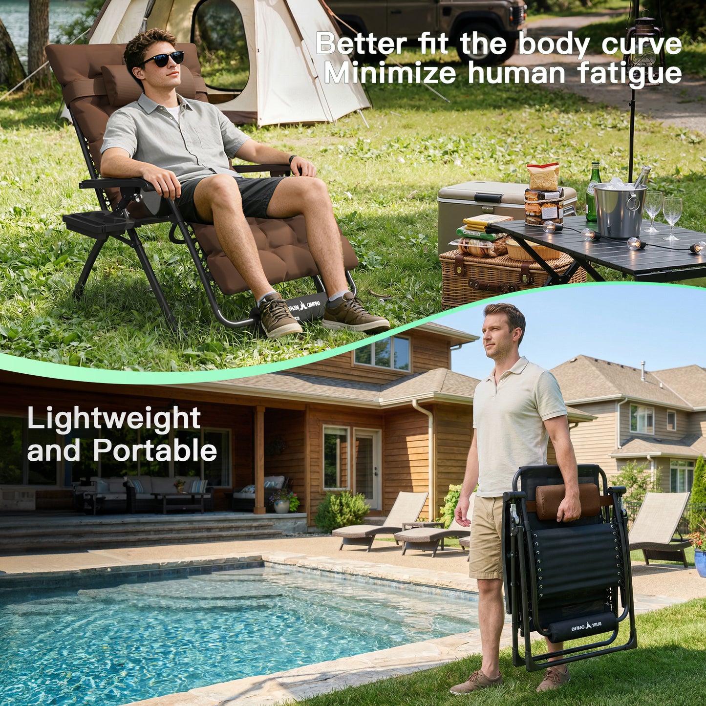 Amopatio Oversized Zero Gravity Chair Set of 2, 33''W Reclining Camping Lounge Chair Upgraded Lock and Footrest, Cup Holder, Removable Cushion & Headrest Folding Patio Recliner for Relexing