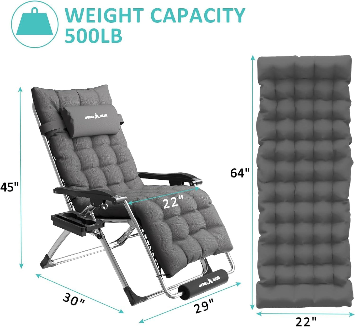 Amopatio Oversized Zero Gravity Chair with Cushion for Indoor & Outdoor, XXL 33Inch Patio Folding Reclining Lounge Chair with Tray/Footrest/Headrest