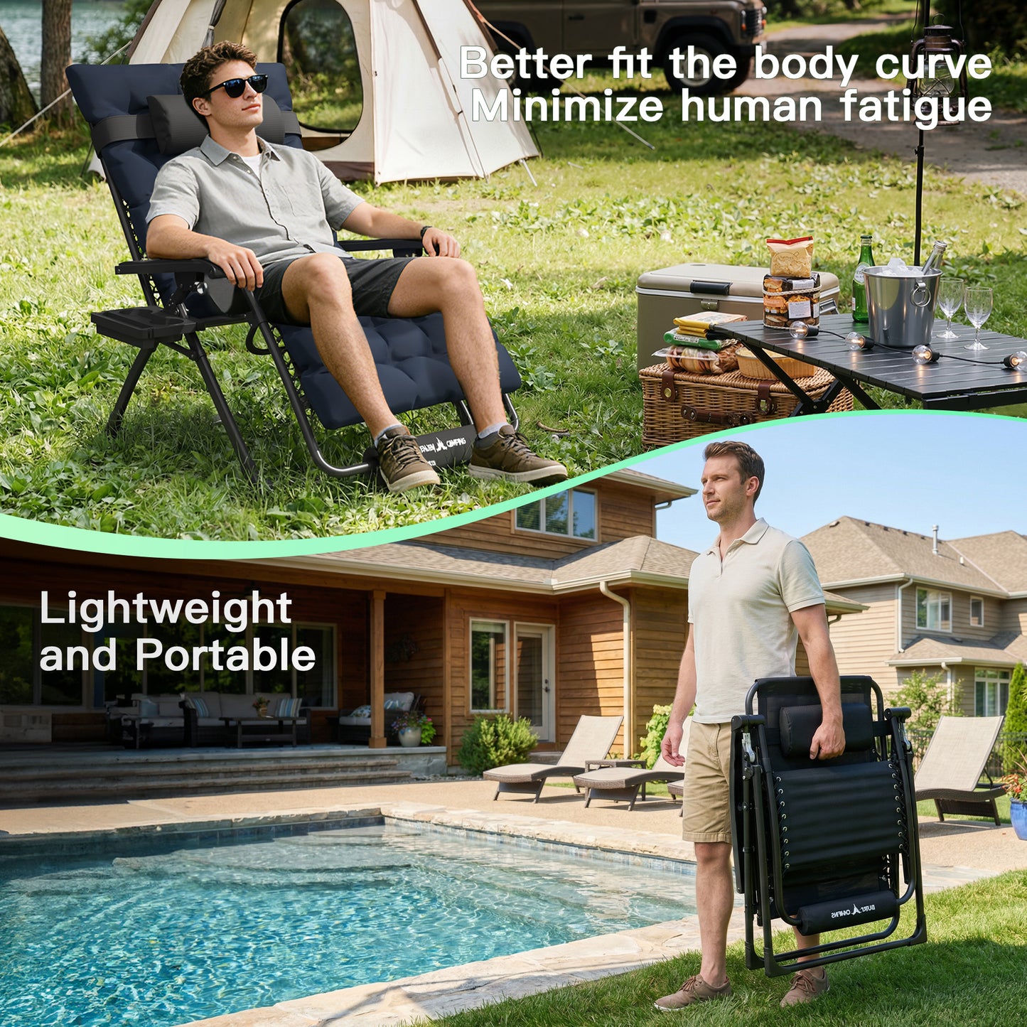 Amopatio Oversized Zero Gravity Chairs Set of 2, 29''W Reclining Camping Lounge Chair Upgraded Lock and Footrest, Cup Holder, Removable Cushion & Headrest Folding Patio Recliner for Relexing