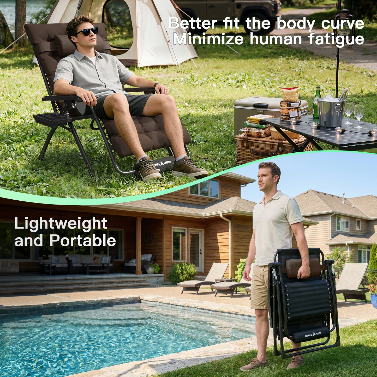 Amopatio Oversized Zero Gravity Chair Set of 2, 33''W Reclining Camping Lounge Chair Upgraded Lock and Footrest, Cup Holder, Removable Cushion & Headrest Folding Patio Recliner