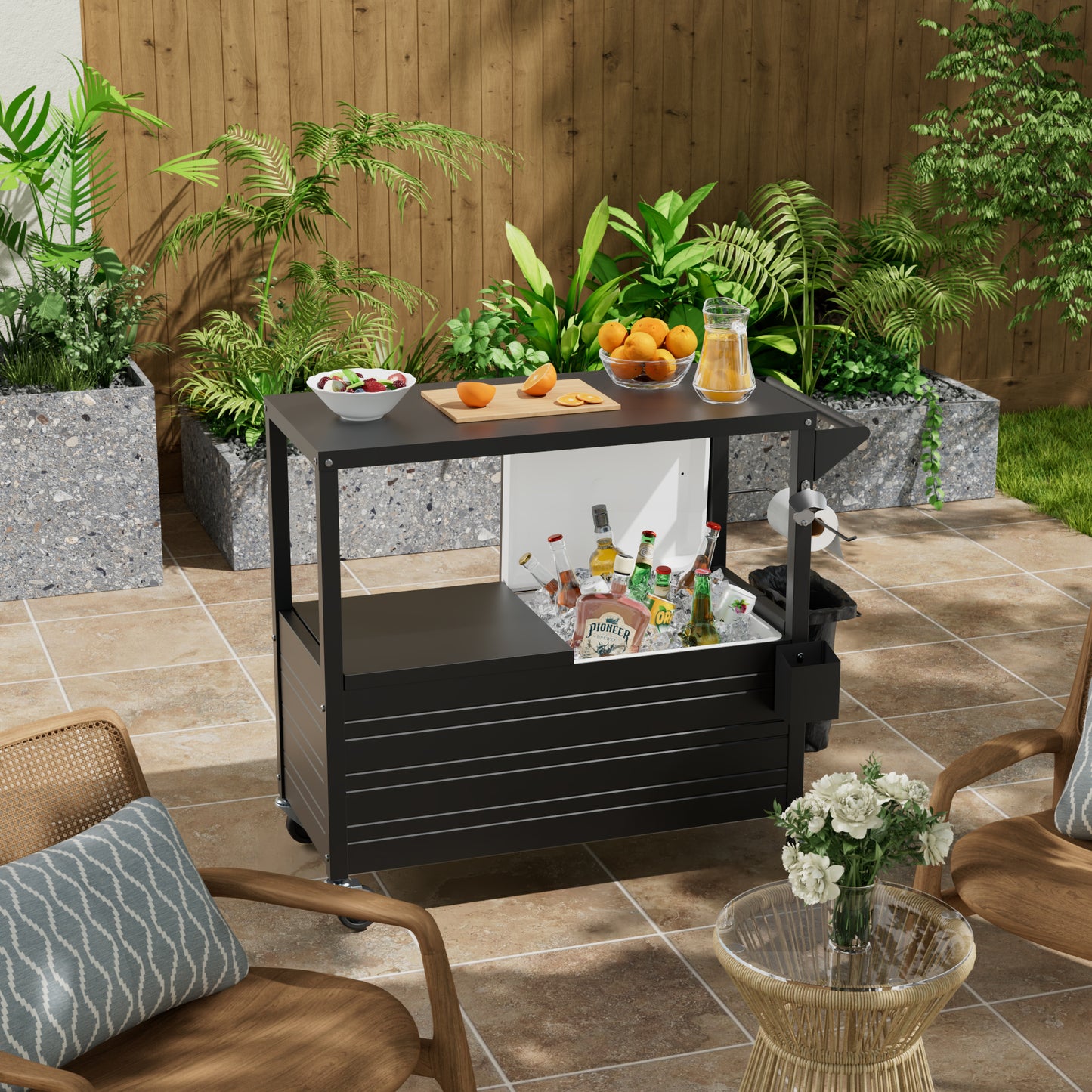 80QT Rolling Ice Chest with Tabletop, Insulated Cooler Cart with Wheels, Outdoor Kitchen Prep Station & Drink Cooler for Patio, BBQ, Camping, Black