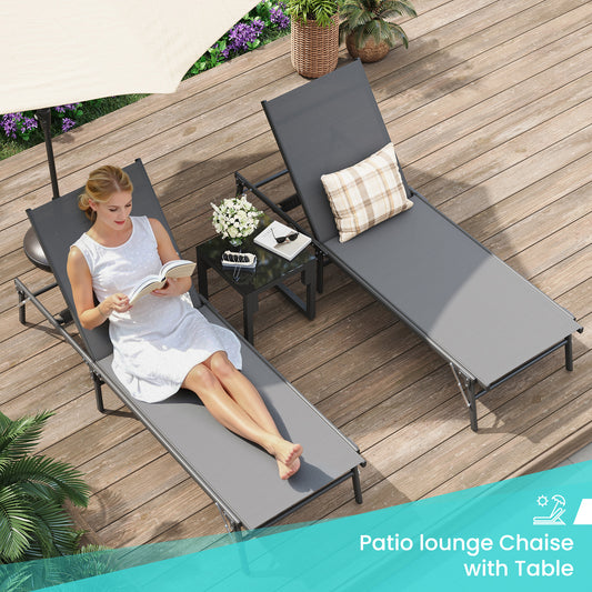 Foldable Patio Lounge Chairs 3 Piece Set, 2 Portable Pool Chaise Lounges with Square Side Table, Heavy Duty Iron Frame, Weather Resistant, 5-Position Adjustable Backrest, 400 LBS Capacity,Gray