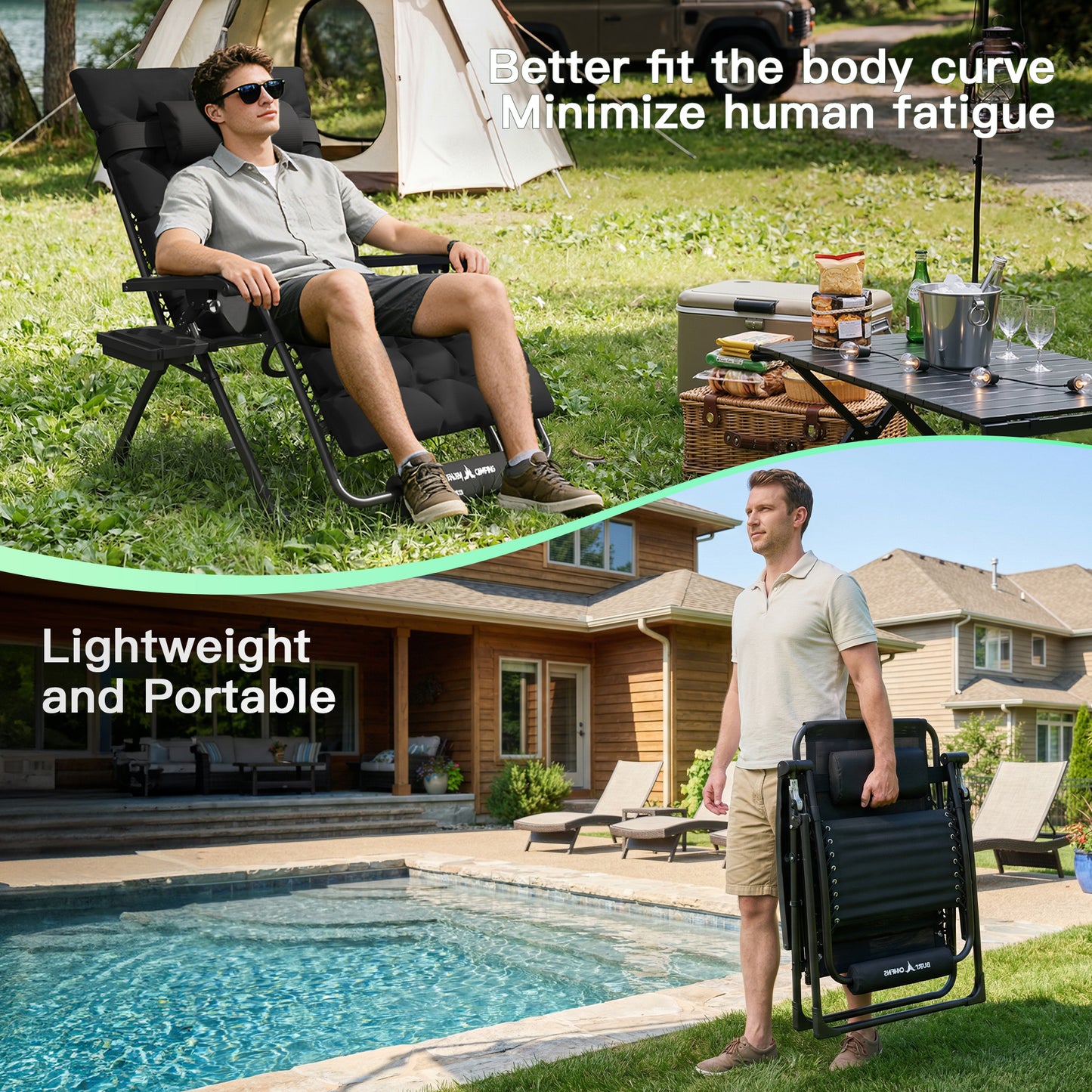 Amopatio Oversized Zero Gravity Chair Set of 2, 29''W Reclining Camping Lounge Chair Upgraded Lock and Footrest, Cup Holder, Removable Cushion & Headrest Folding Patio Recliner for Indoor Outdoor