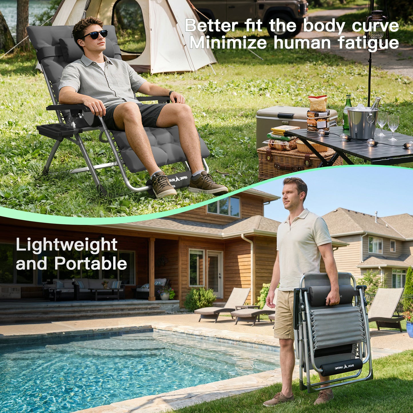 Amopatio Oversized Zero Gravity Chair Set of 2, Reclining Camping Lounge Chair Upgraded Lock and Footrest, Cup Holder, Removable Cushion & Headrest Folding Patio Recliner for Indoor Outdoor