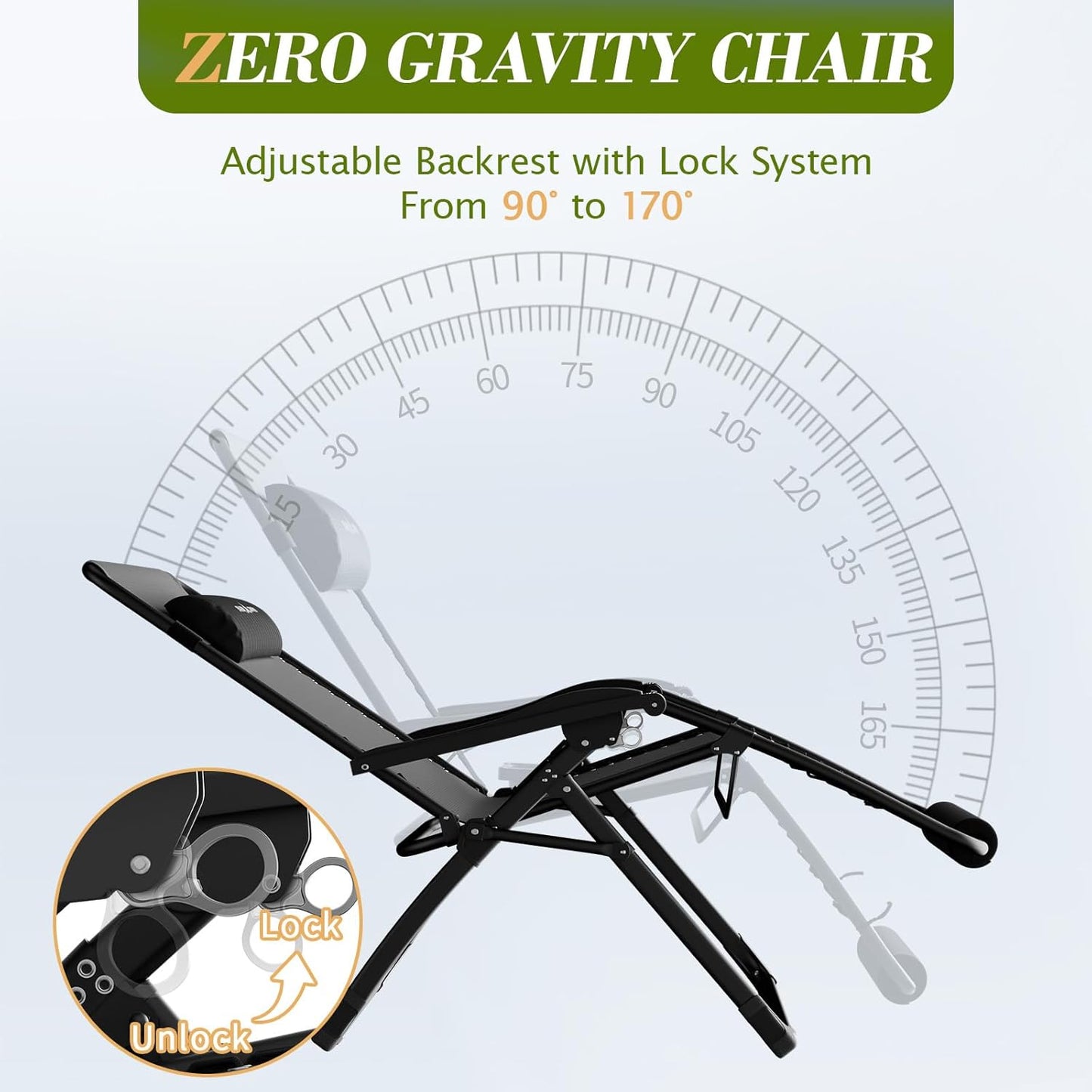 Amopatio Oversized Zero Gravity Chair with Cushion for Indoor & Outdoor, XXL 33Inch Patio Folding Reclining Lounge Chair with Tray/Footrest/Headrest