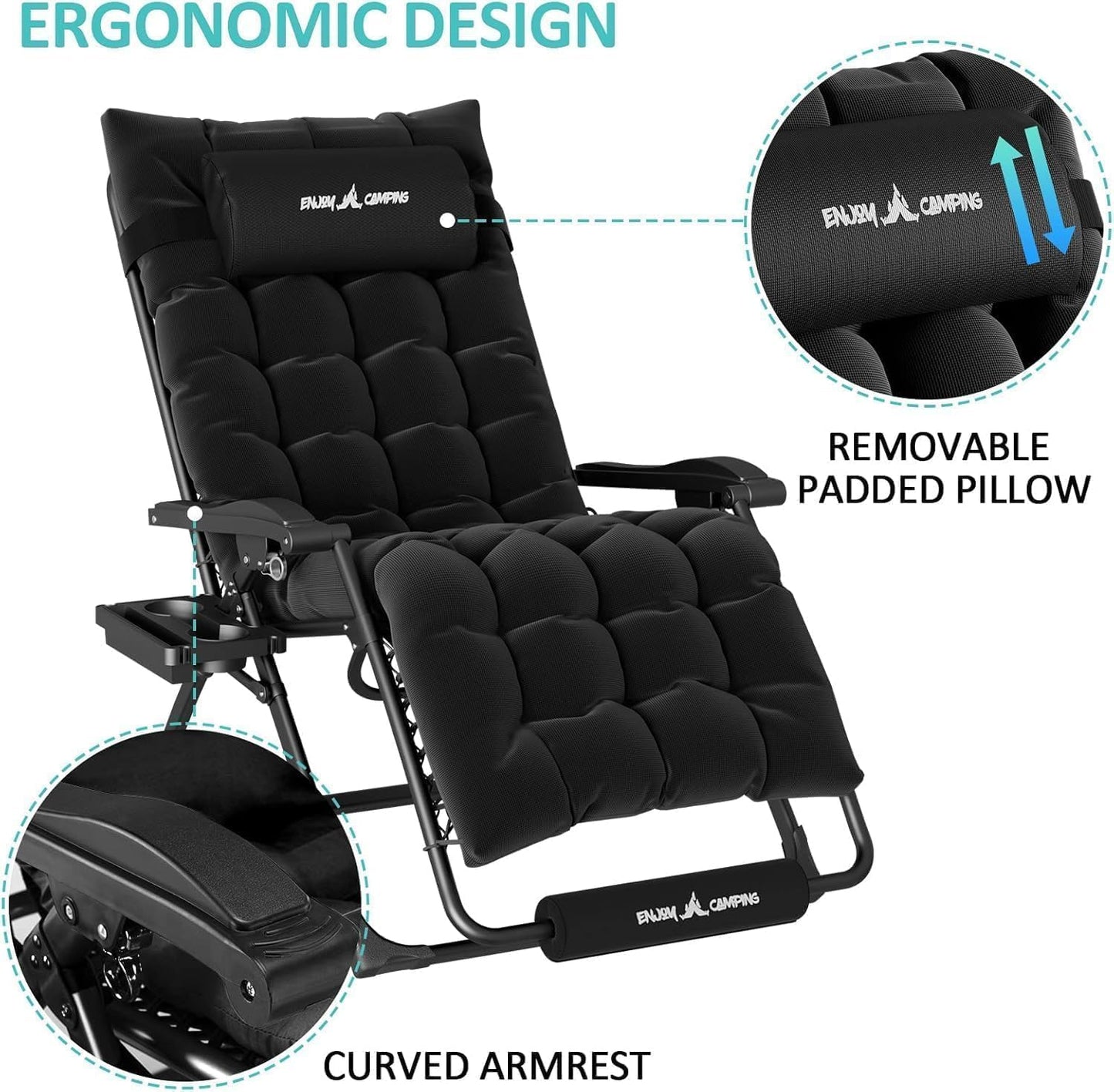Amopatio Oversized Zero Gravity Chair with Cushion, XL Folding Outdoor Lounge Reclining Patio Chair with Tray/Footrest/Headrest for Camping Sunbathing Relaxing