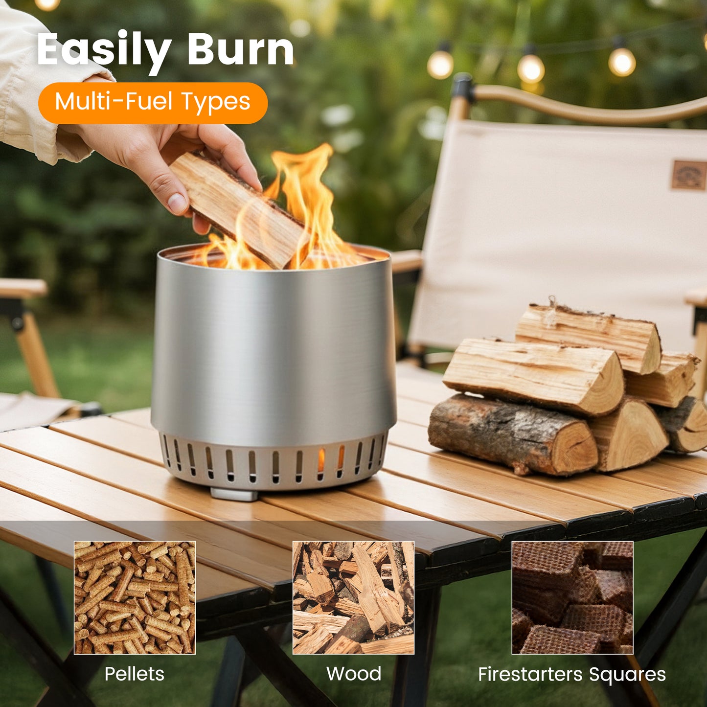 Amopatio Tabletop Fire Pit with Stand, Removable Ash Pan, 8.5'' Smokeless Portable Stainless Steel Wood Burning Outdoor Firepit with Carry Bag for Camping Patio & Backyard
