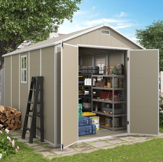 ELPOSUN Storage Shed 8 x 10 FT, Resin Outdoor Garden Sheds with Floor Plastic Patio Outdoor Storage with Lockable Door for Tool, Bike,Light Brown