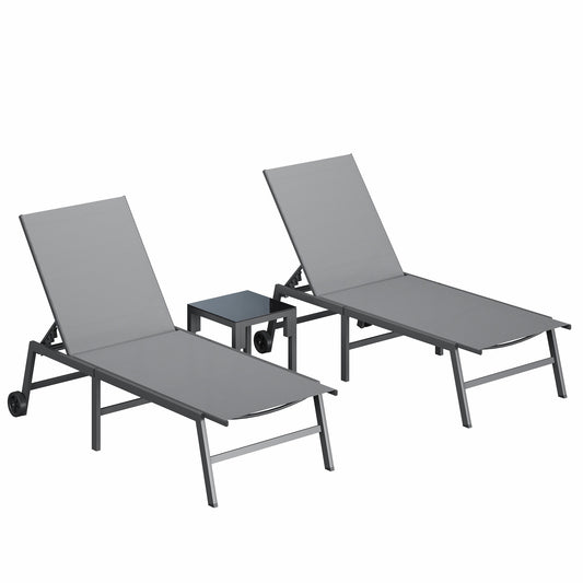 3 Piece Patio Lounge Chairs Set, 2 Pool Chaise Lounges with Wheels & Side Table, 5-Position Adjustable Lounge Furniture with Heavy-Duty Steel Frame for Backyard Poolside,400 LBS Capacity, Gray