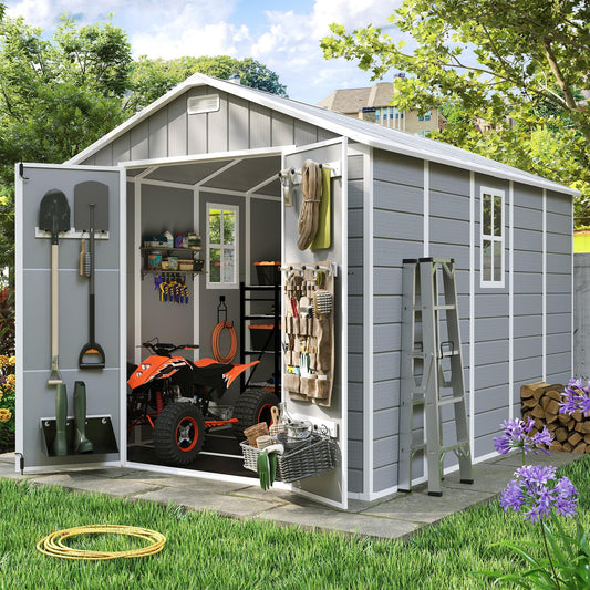 Amopatio 8x10 FT Storage Shed, Outdoor Resin Shed with Floor Included, Plastic Sheds for Bike, Garden Tools, Sheds & Outdoor Storage with Lockable Door, Window & Vents, Light Grey