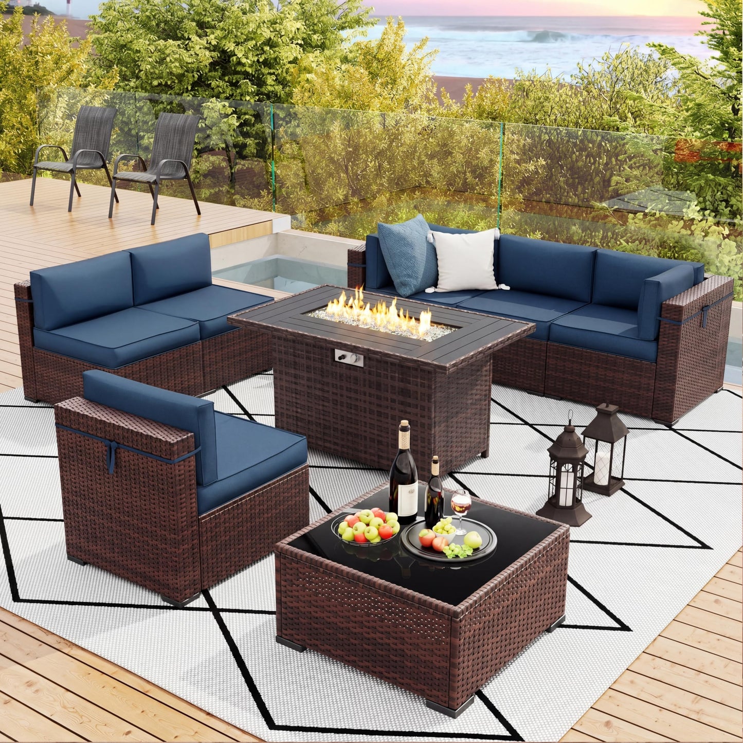 Amopatio 8 Pieces Patio Furniture Set with Fire Pit Table, All-Weather Outdoor Sectional with Waterproof Cover, Wicker Conversation Sofa for Garden, Backyard, Porch, Balcony(Navy Blue)