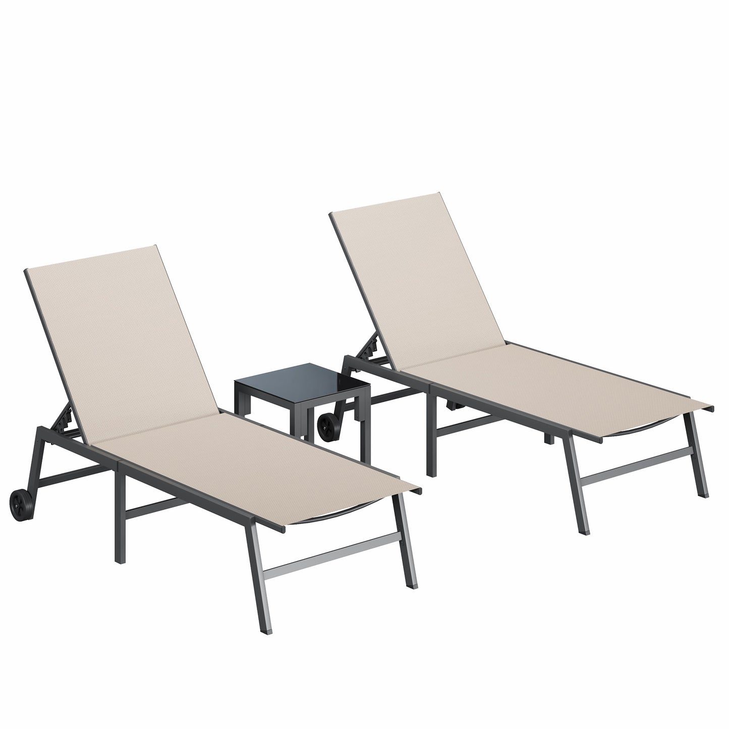 3 Piece Patio Lounge Chairs Set, 2 Pool Chaise Lounges with Wheels & Side Table, 5-Position Adjustable Lounge Furniture with Heavy-Duty Steel Frame for Backyard Poolside,400 LBS Capacity, Khaki
