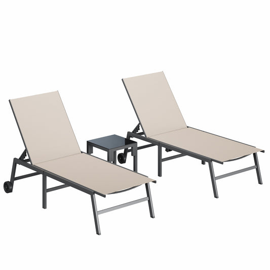 3 Piece Patio Lounge Chairs Set, 2 Pool Chaise Lounges with Wheels & Side Table, 5-Position Adjustable Lounge Furniture with Heavy-Duty Steel Frame for Backyard Poolside,400 LBS Capacity, Khaki