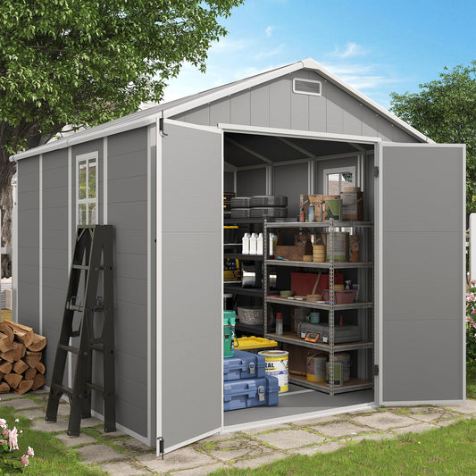 Amopatio 8x8 FT Storage Shed, Resin Outdoor Shed with Floor Included, Plastic Sheds Outdoor Storage for Bike, Garden Tools,Grey & White