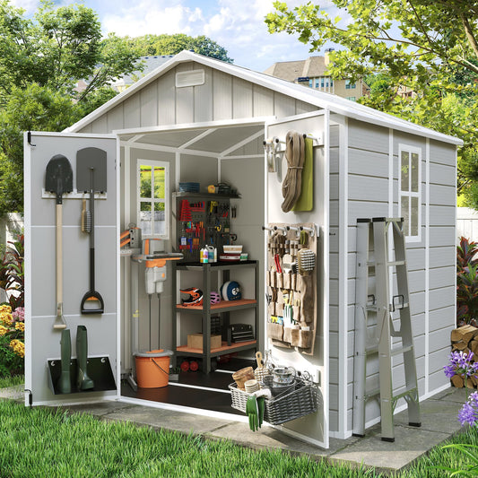 Amopatio 8x6 FT Storage Shed, Resin Outdoor Shed with Floor Included, Plastic Sheds for Bike, Garden Tools, Sheds & Outdoor Storage with Lockable Door, Window & Vents, Sandstone