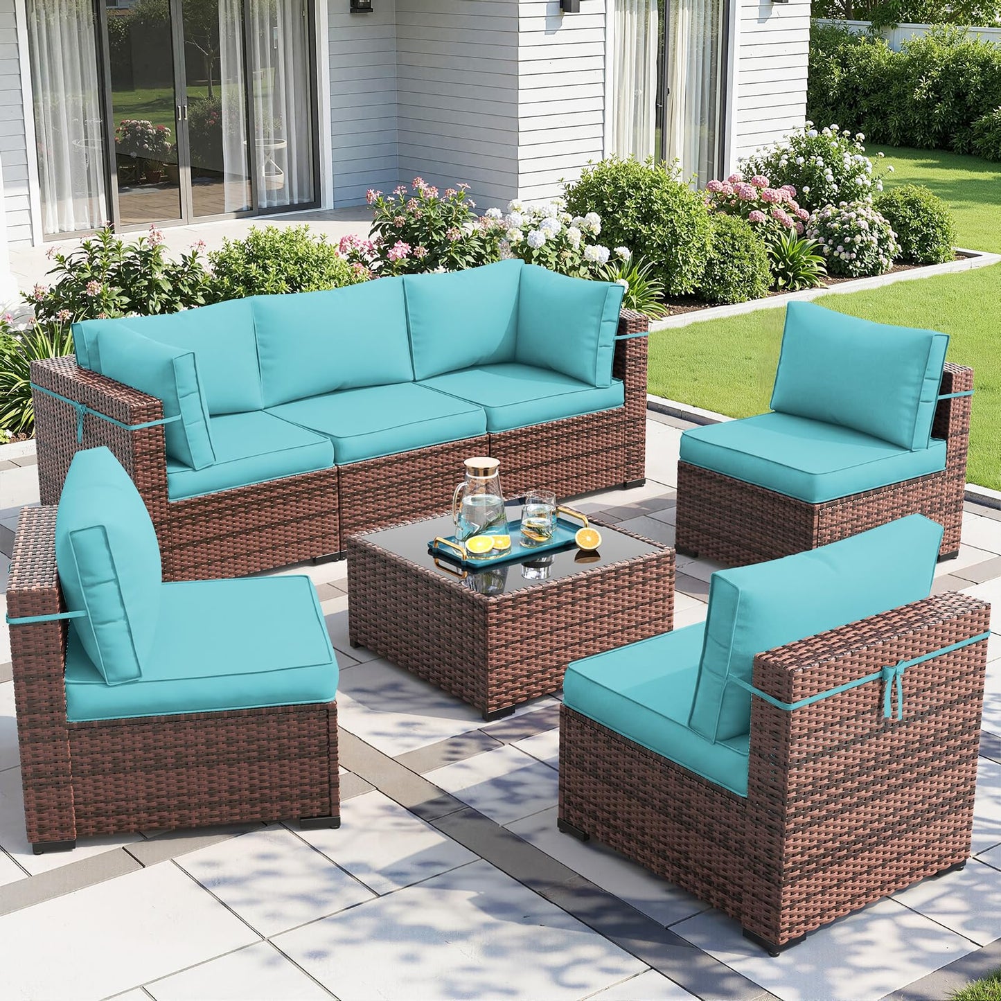 Amopatio Patio Furniture Sets with Waterproof Cover 7 Pieces Patio Conversation Set Outdoor Sectional Wicker Rattan Sofa,Patio Furniture with Pillows Fits Porch Garden Backyard Balcony(Sky-Blue)