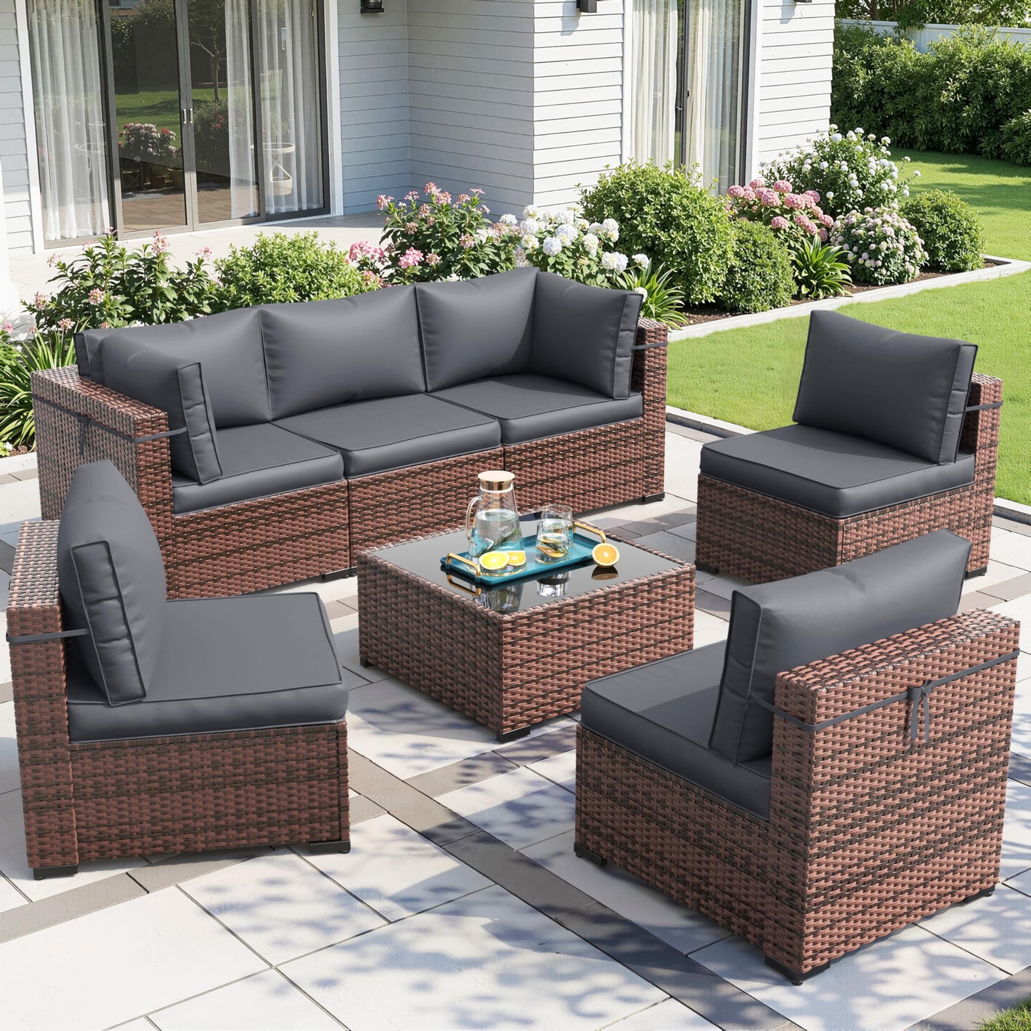 7 Pieces Patio Furniture Sets with Waterproof Cover, Outdoor Rattan Sectional Sofa Set with Glass Table and Cushions,Wicker Patio Set for Outdoor Indoor Backyard Lawn Garden Porch (Grey)