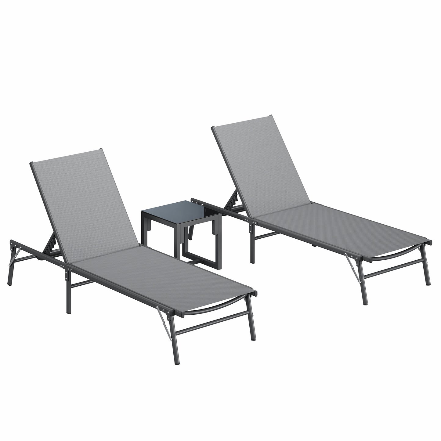 Foldable Patio Lounge Chairs 3 Piece Set, 2 Portable Pool Chaise Lounges with Square Side Table, Heavy Duty Iron Frame, Weather Resistant, 5-Position Adjustable Backrest, 400 LBS Capacity,Gray