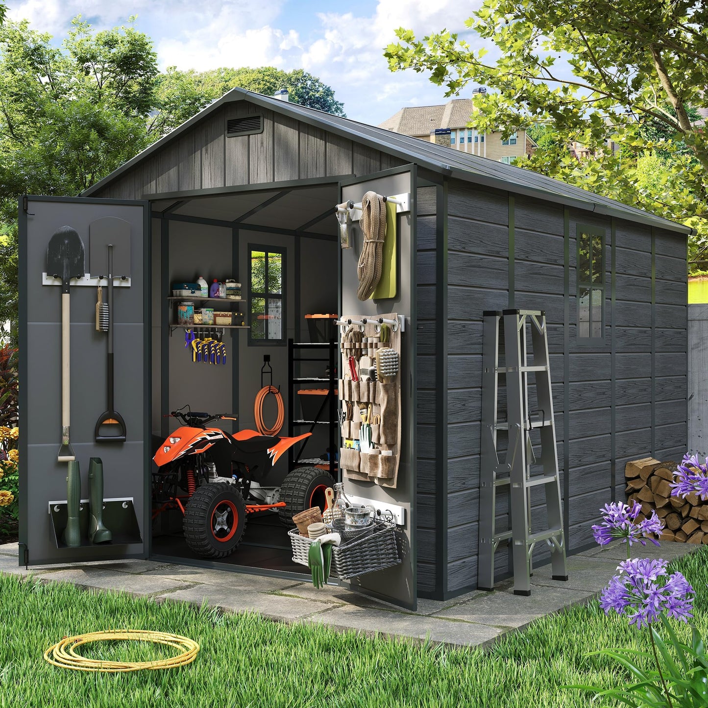 Amopatio 8x10 FT Resin Shed, Outdoor Storage Shed with Floor and Lockable Door, Window & Vents, Tool Sheds and Outdoor Storage for Tools,Bike, Garden Accessories, Waterproof,Dark Grey