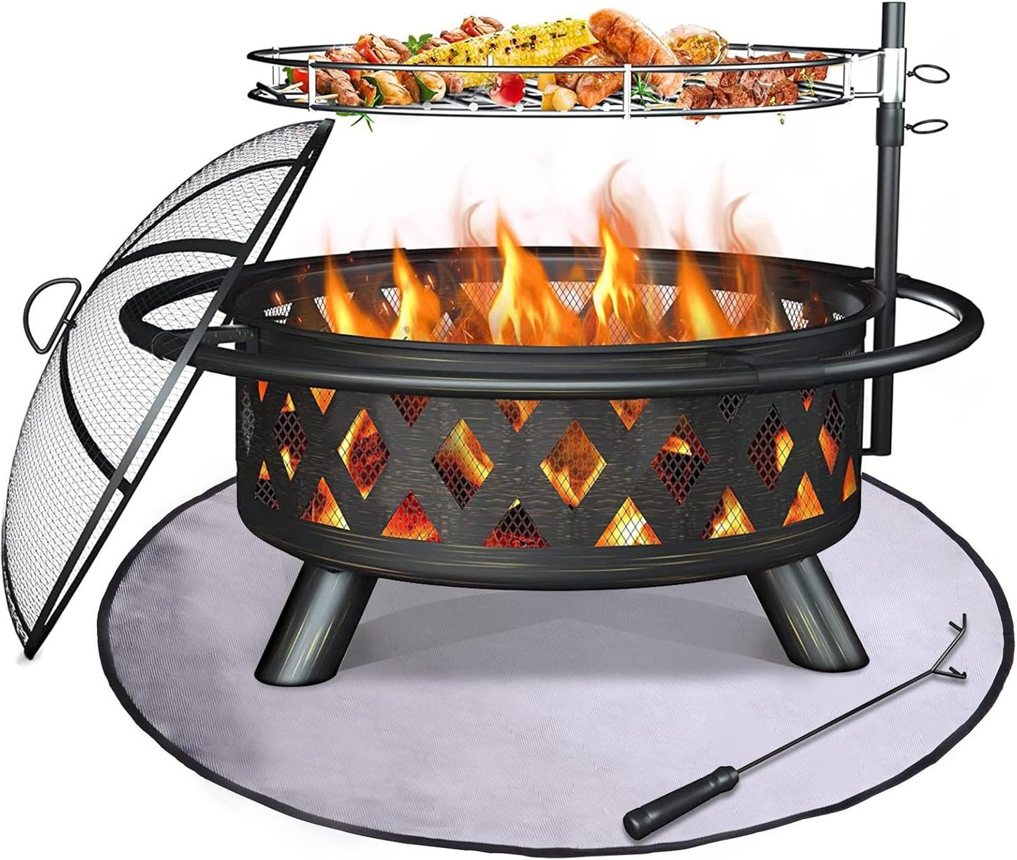 Amopatio Outdoor Fire Pit with Mat & Cover, 30 Inch Large Wood Burning Fire Pits, Patio Backyard Firepit with Steel BBQ Grill Cooking Grate, Spark Screen & Poker for Garden, Bonfire, Camping, Picnic